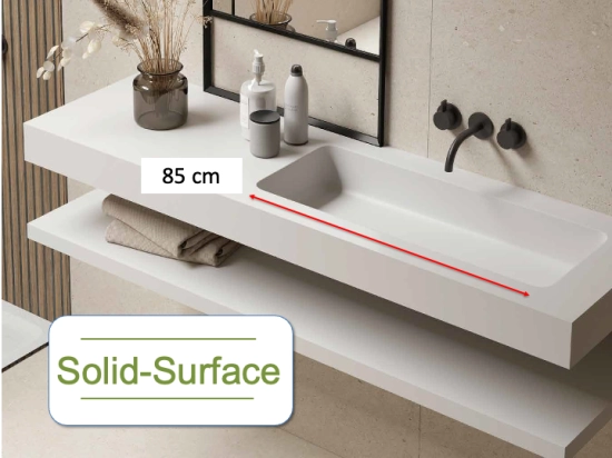 Plan vasque lavabo sur mesure : L 100 à 201 x P 40 à 51 cm, finition lisse mate, Solid-Surface, Anti bactérien, résine Akrytan® SOLID teinté dans la masse, Livraison Offerte.